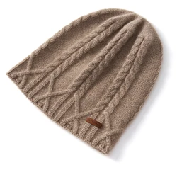 Women's Casual Outdoor Warm Hat Winter High-end 100% Goat Cashmere Hats Female Soft Knitted Skullies Lady Twist Flower Cap