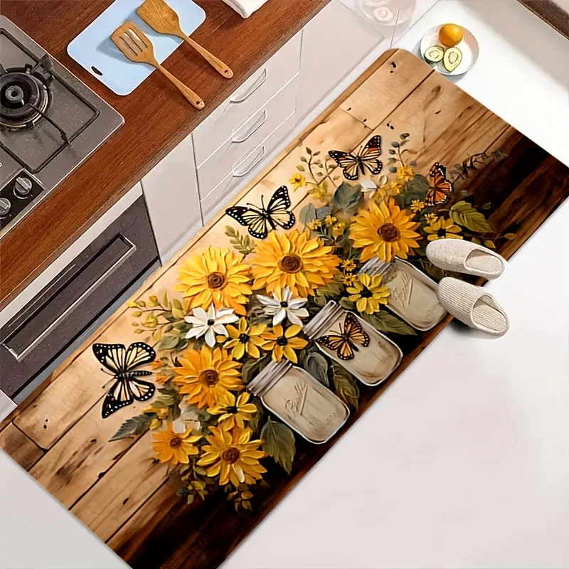 Rustic Wooden Board Sunflower Butterfly Mason Jar Print Kitchen Runner Farmhouse Long Anti Slip Floor Mat