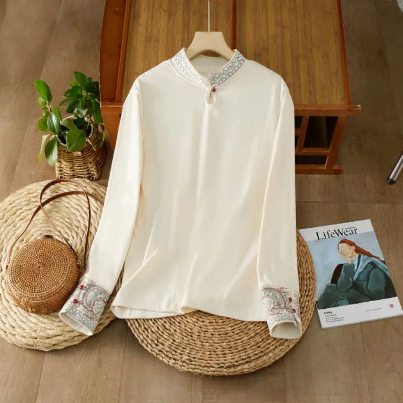 가을 겨울 신상 민족 스타일 여성용 레트로 문학 자수 하이 칼라 긴팔 티셔츠
