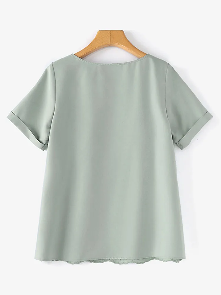 ZANZEA-camisa de encaje de ganchillo para mujer, Blusas informales de retazos con cuello redondo y Media manga, Túnica Vintage OL para el trabajo, 2024