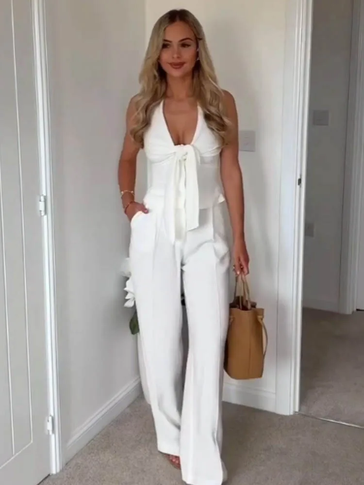 

HH Женский Брючный Костюм Модный Шея Холтер Спинки Дизайн Короткий Топ + Шикарный Высокая Талия Боковой Карман Молния Однотонные Повседневные Длинные Брюки