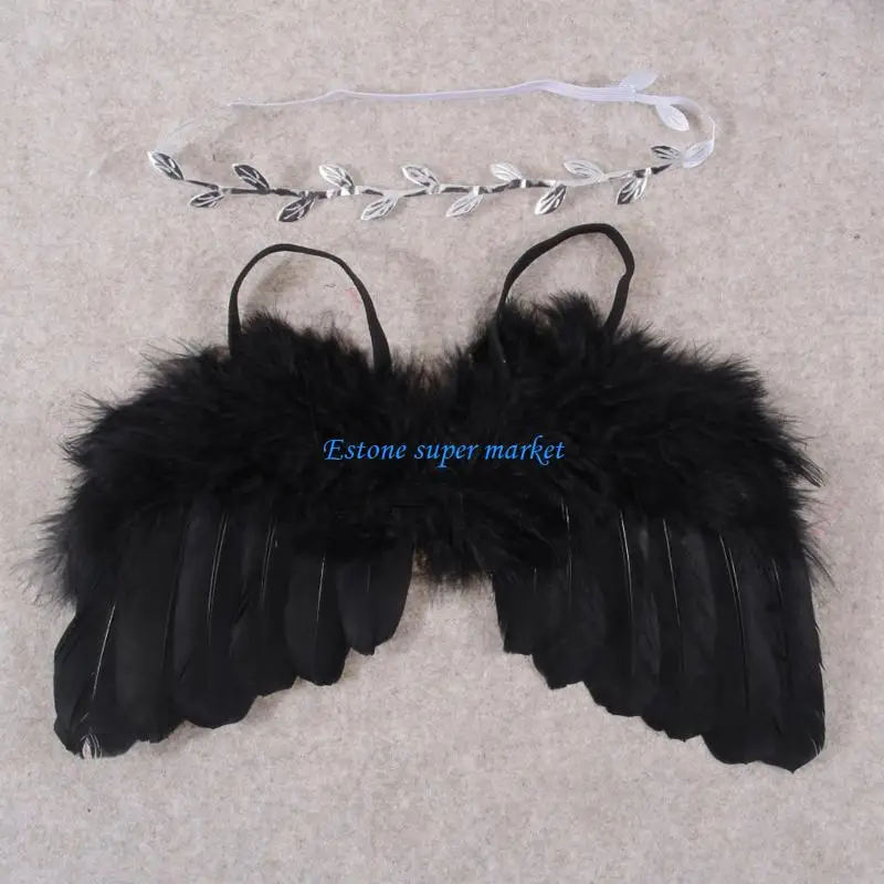 090B Cosplay Angel Fairy Wings Photography Props with Leaves Headband Baby Photoshoot