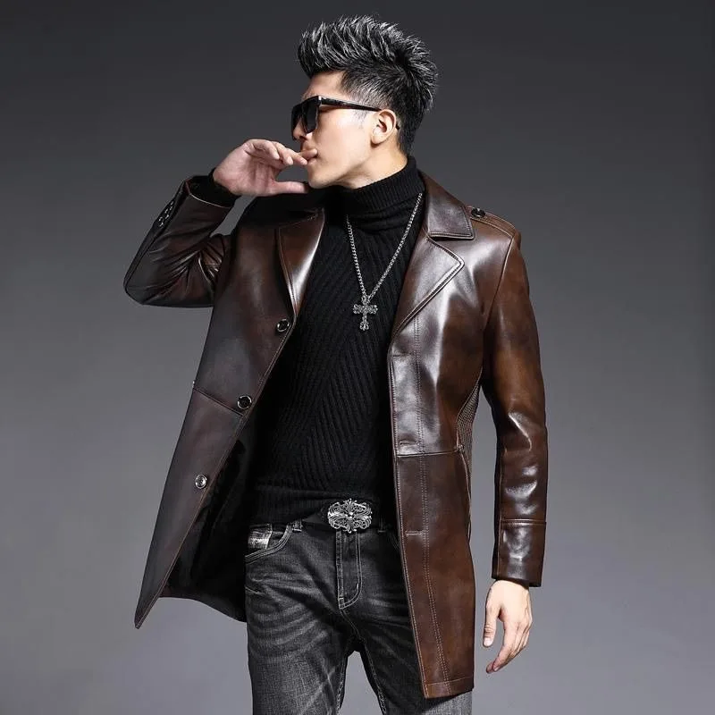 

Men's Leather Jacket Slim Stylish Genuine Leather Trench Coat Men's Sheepskin Mid-length Suit Collar Young Autumn Light Jacket