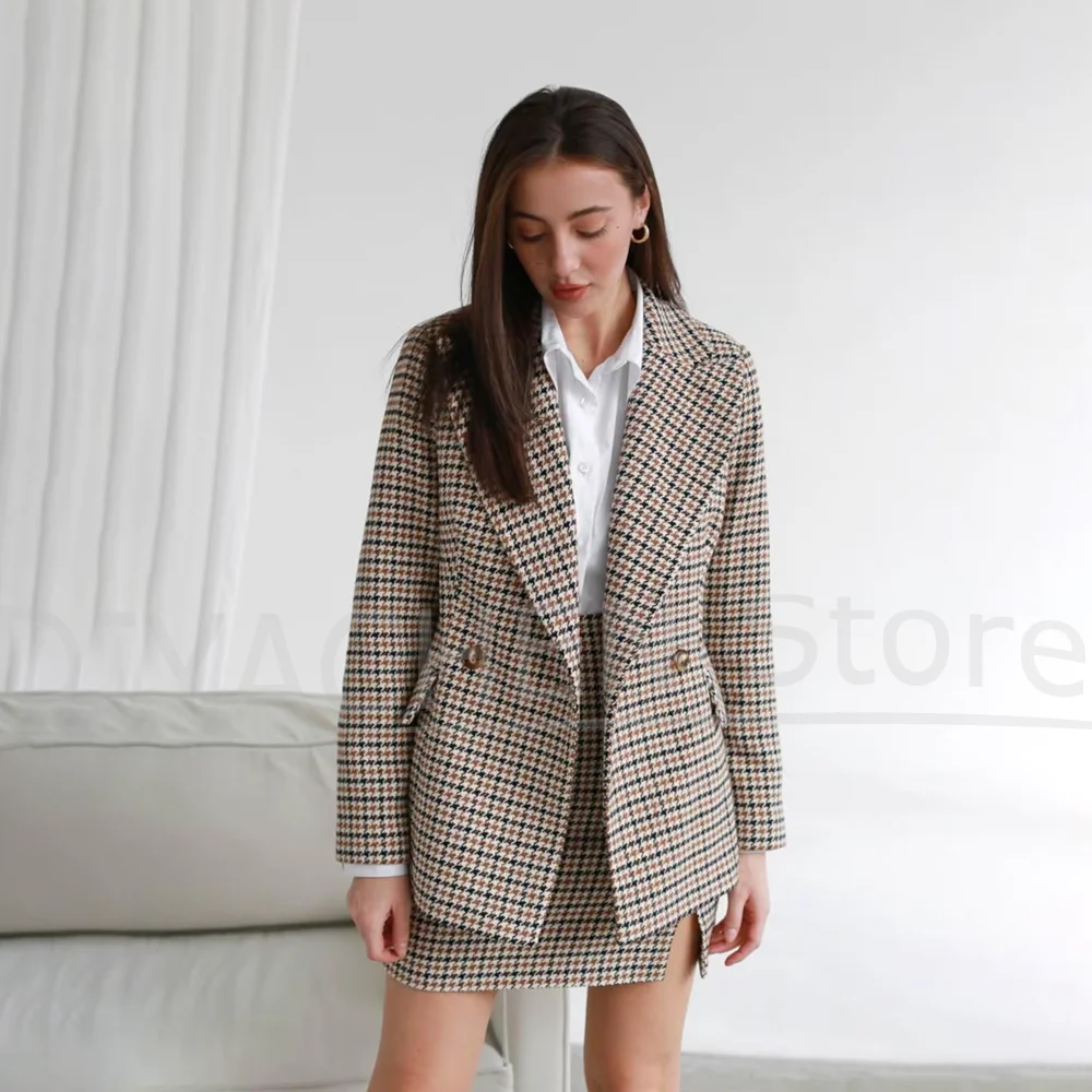 Women Houndstooth Suit 2 Piece Set Double Breasted Blazer And Mini Skirt Elegant Office Business Casual Outfit Party Suits