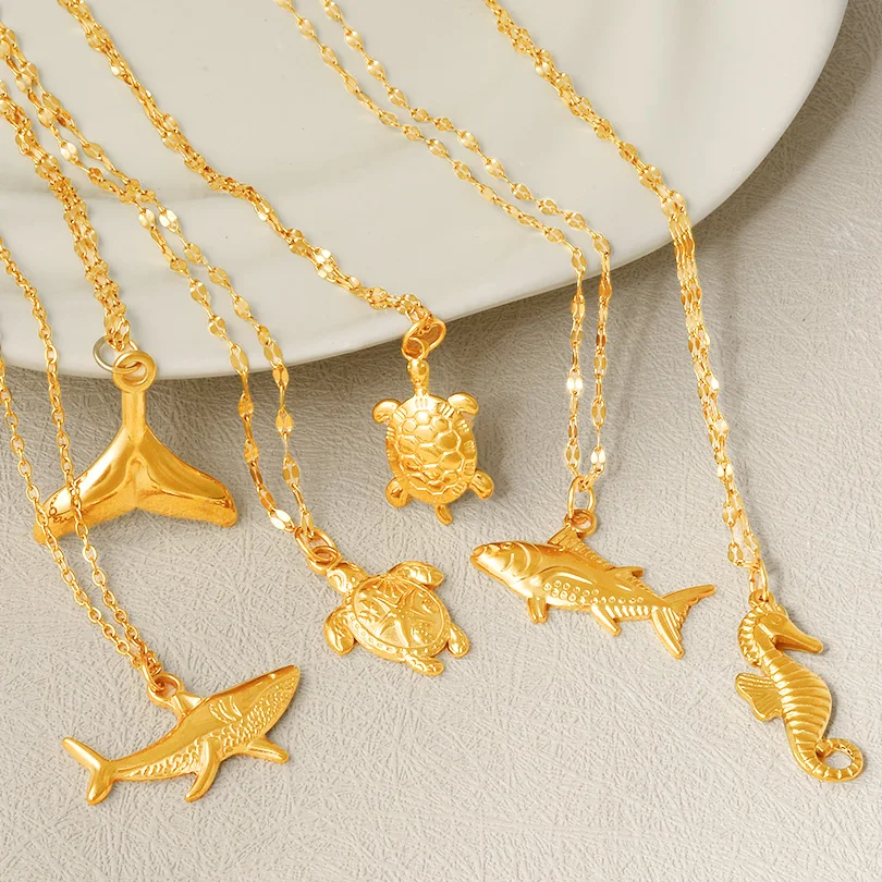 High Quality Gold Color Ocean Animal Sea Horse Turtle Pendant Necklaces For Women Men Jewelry Stainless Steel Necklace Choker