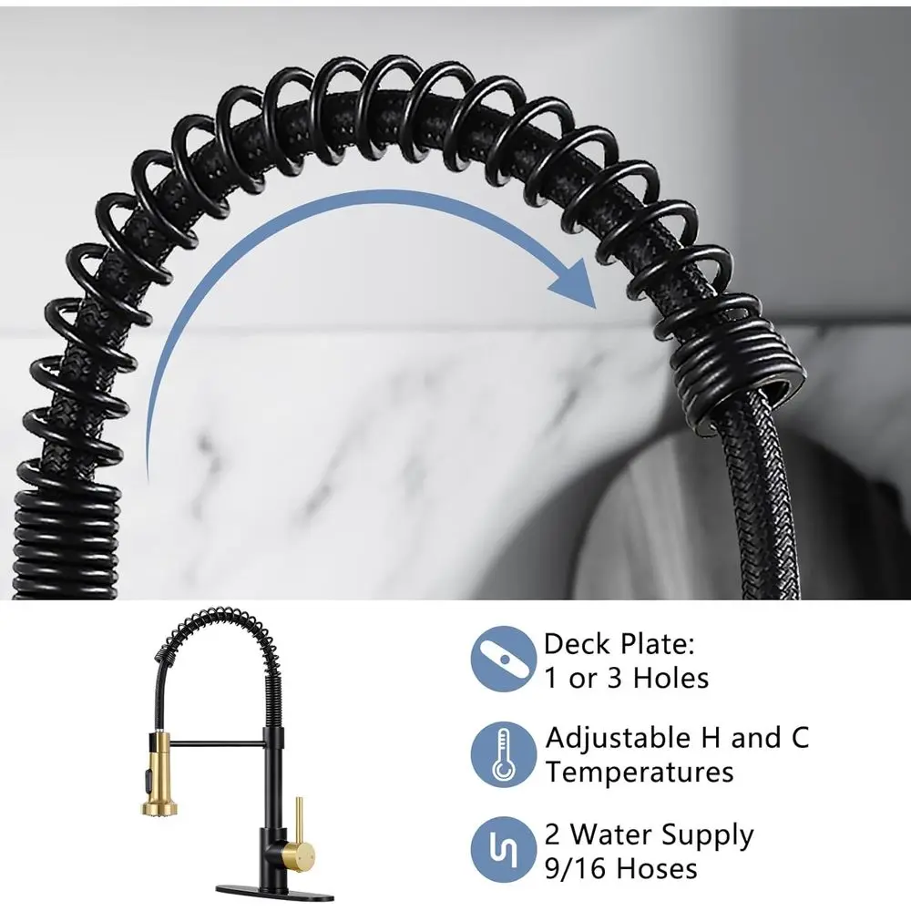 Grifo de cocina con rociador extraíble de alto arco, negro mate y oro cepillado, con resorte, 1 o 3 orificios, para granja, RV y fregadero de recipiente