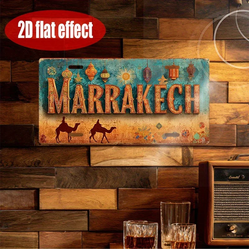 2D Flat, 1pc Vintage  Metal Sign Plate Cover - Marrakech Desert Caravan Sign with Lanterns & Market Theme,