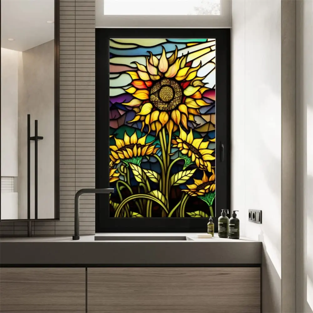 Película de ventana de vidrio teñido de girasol colorido, película de ventana de aislamiento térmico de bloqueo Uv extraíble, estática decorativa