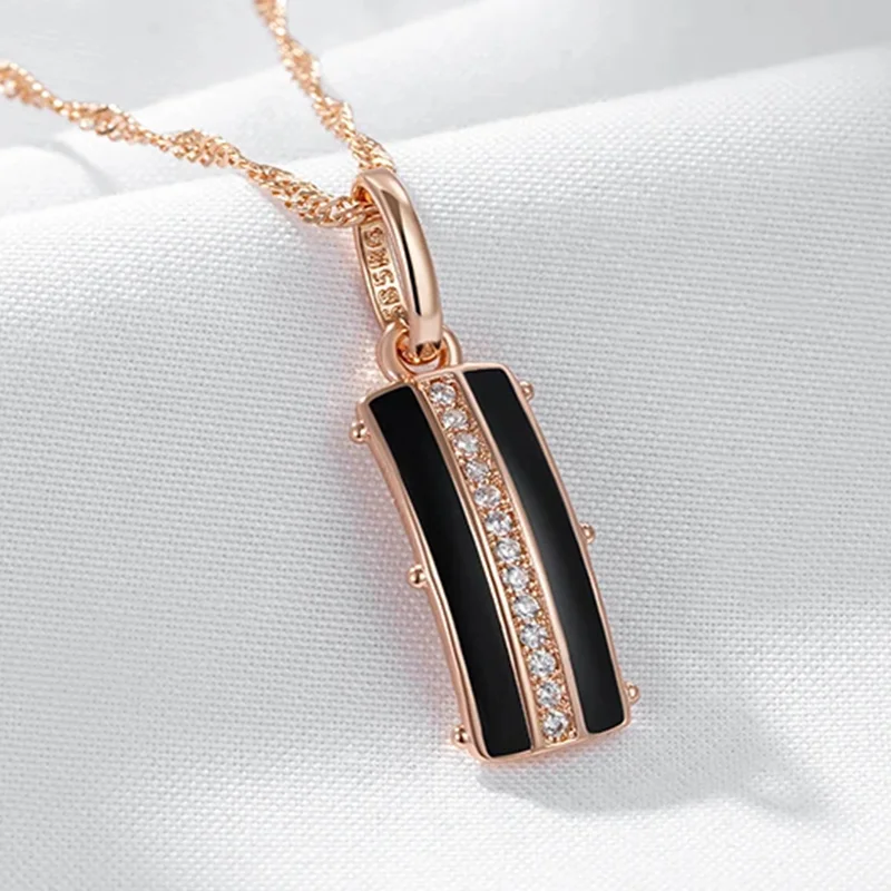 Wbmqda Black Enamel Pendant And Necklace For Women 585 Rose Gold Color With Natural Zircon Elegant Fashion Jewelry Accessories
