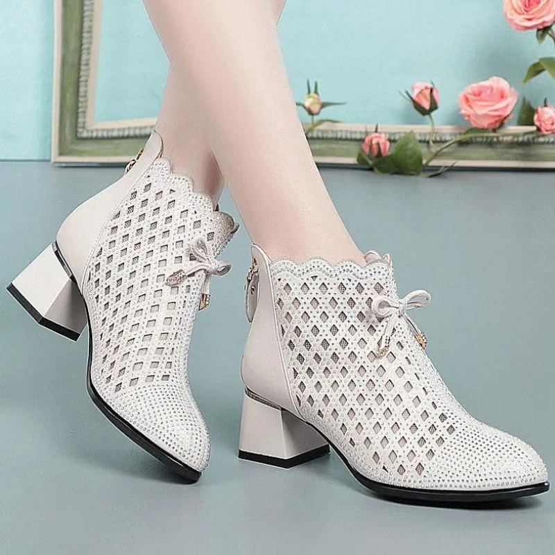 New 2022 Summer Ankle Boots Leather Shoes Women Med High Heel Back Zipper Boots Cutout Breathable Mujer Zapatos Plus Size