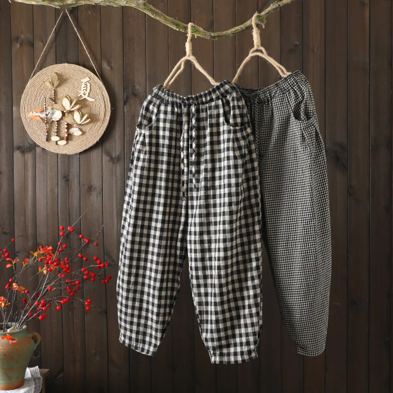 

Ретро клетчатые хлопковые льняные брюки Харлан больших размеров, женские льняные повседневные брюки с эластичной резинкой на талии, девять очков