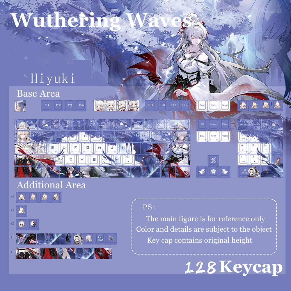 Anime Wuthering Waves Hiyuki PBT 128 Key Caps Cosplay Props Axis Side Engraved Mechanicale Keycaps Gaming Tabletop Supplies