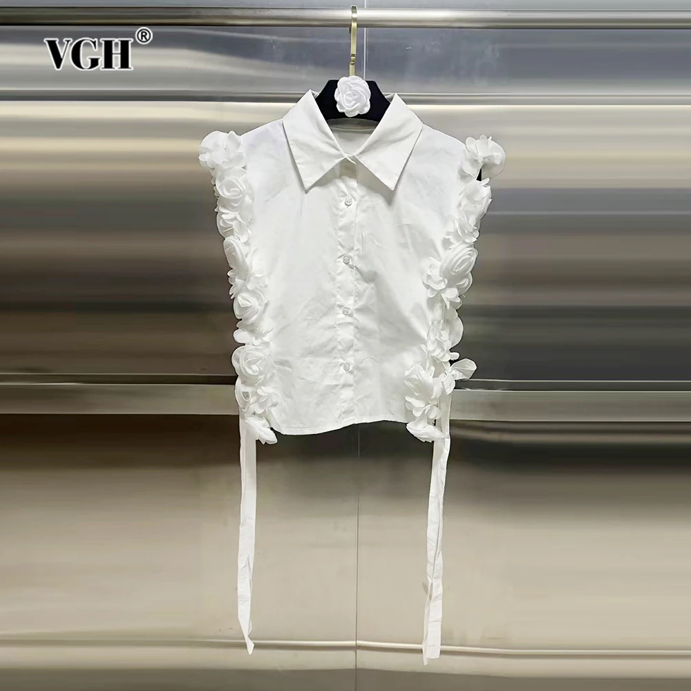 

VGH Sexy Patchwork Appliques Solid Shirts For Women Lapel Sleeveless Spliced Lace Up Minimalist Short Blouses Female Fashion New