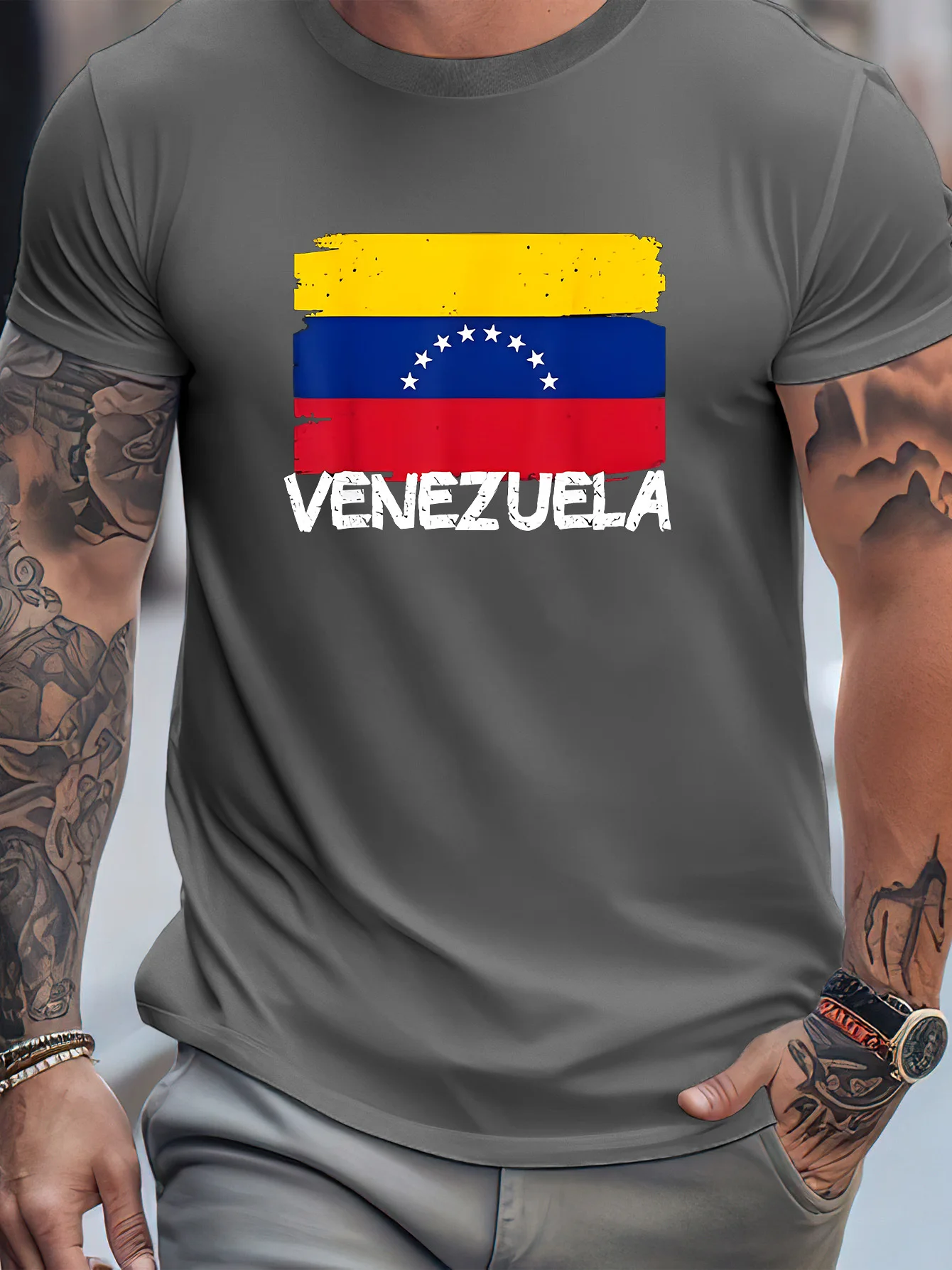 VENEZUELA Letter & Graphic Print Tee Shirt, Tees For Men, Casual & Comfy Short Sleeve