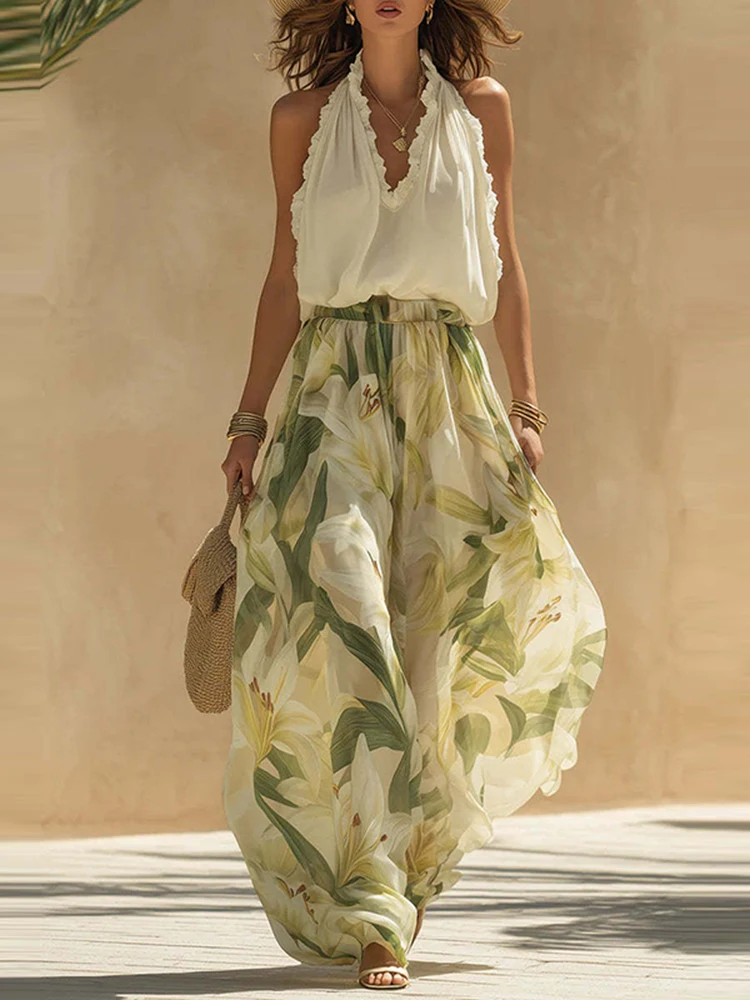 

Sexy V-neck Sleeveless Top & Print Pant Set Holiday Dress Elegant Temperament Ruffle 2 Piece Suit Fashion Waist Long Pant Outfit
