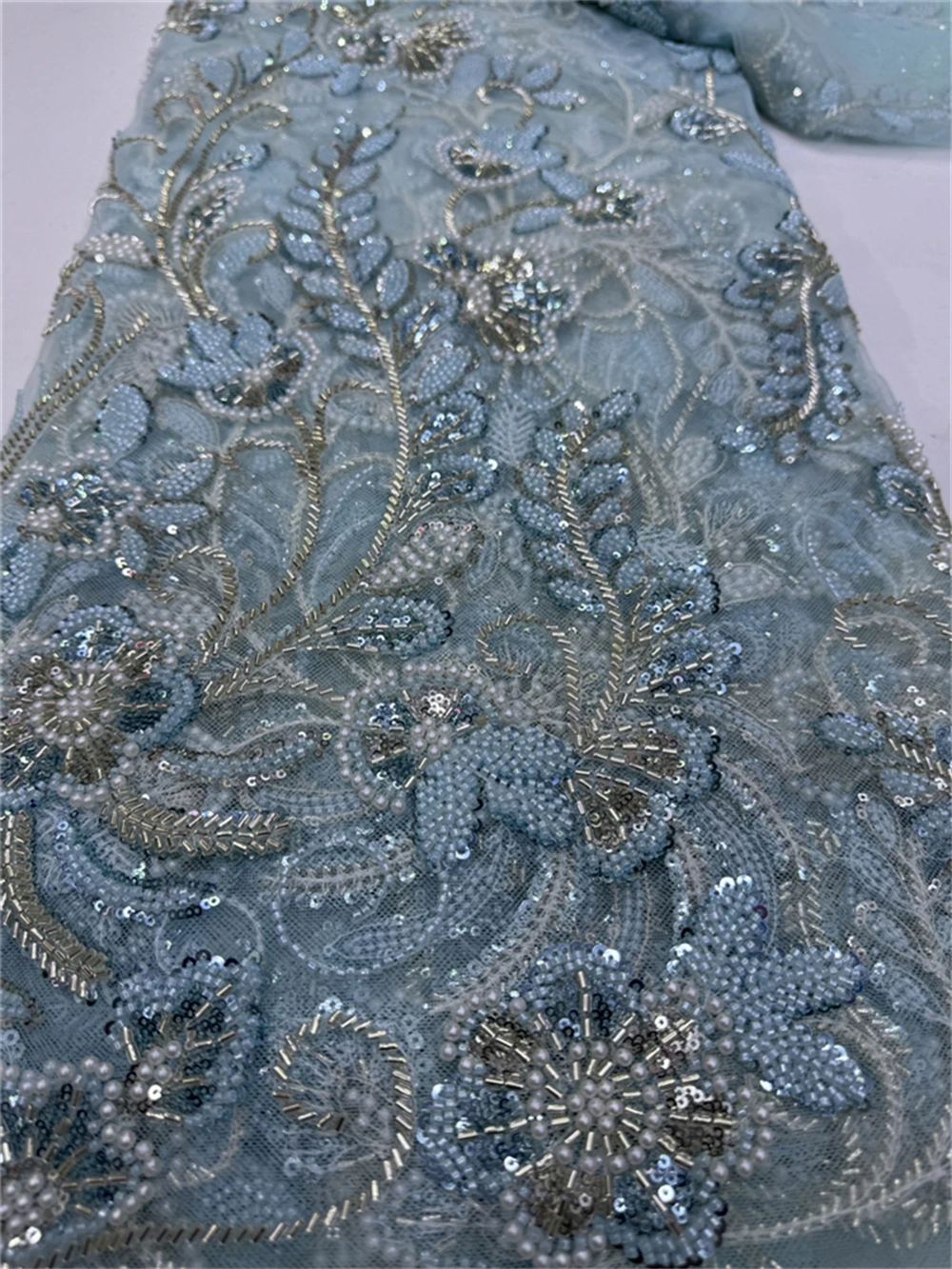 High Quality Heavy bead African Lace Fabric 2024 Blue French Net Sequins Fabric Sewing Embroidered Tulle Nigeria Fabric jy347