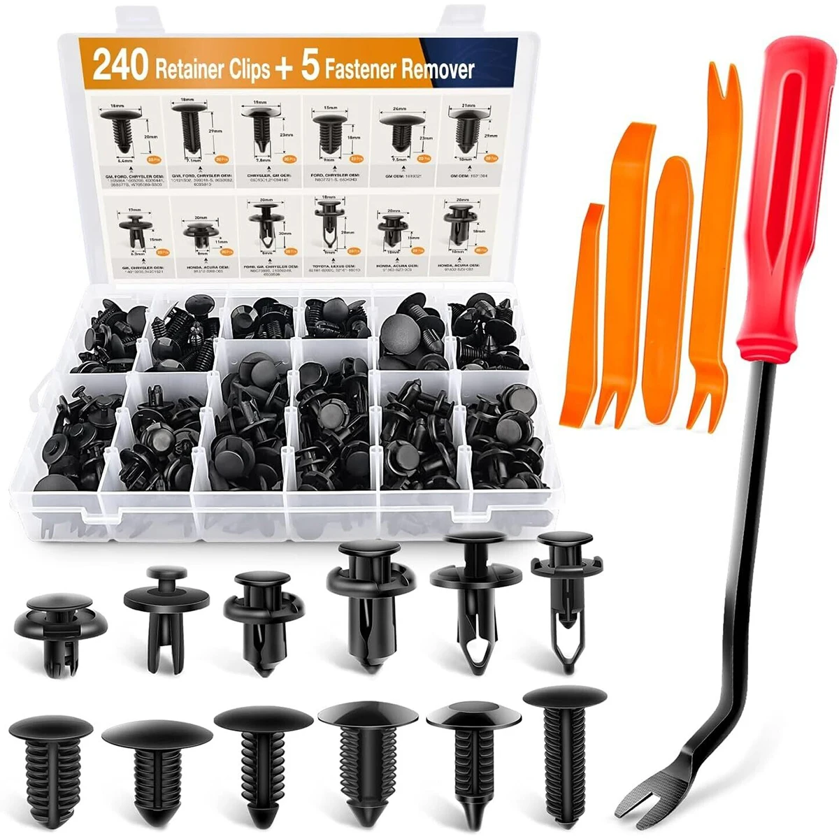 240pcs Car Fastener Clips Kit Dashboard Door Trim Panel Push Pin Rivets Fixed Clamps Bumper Fender Retainer w/Removal Tools