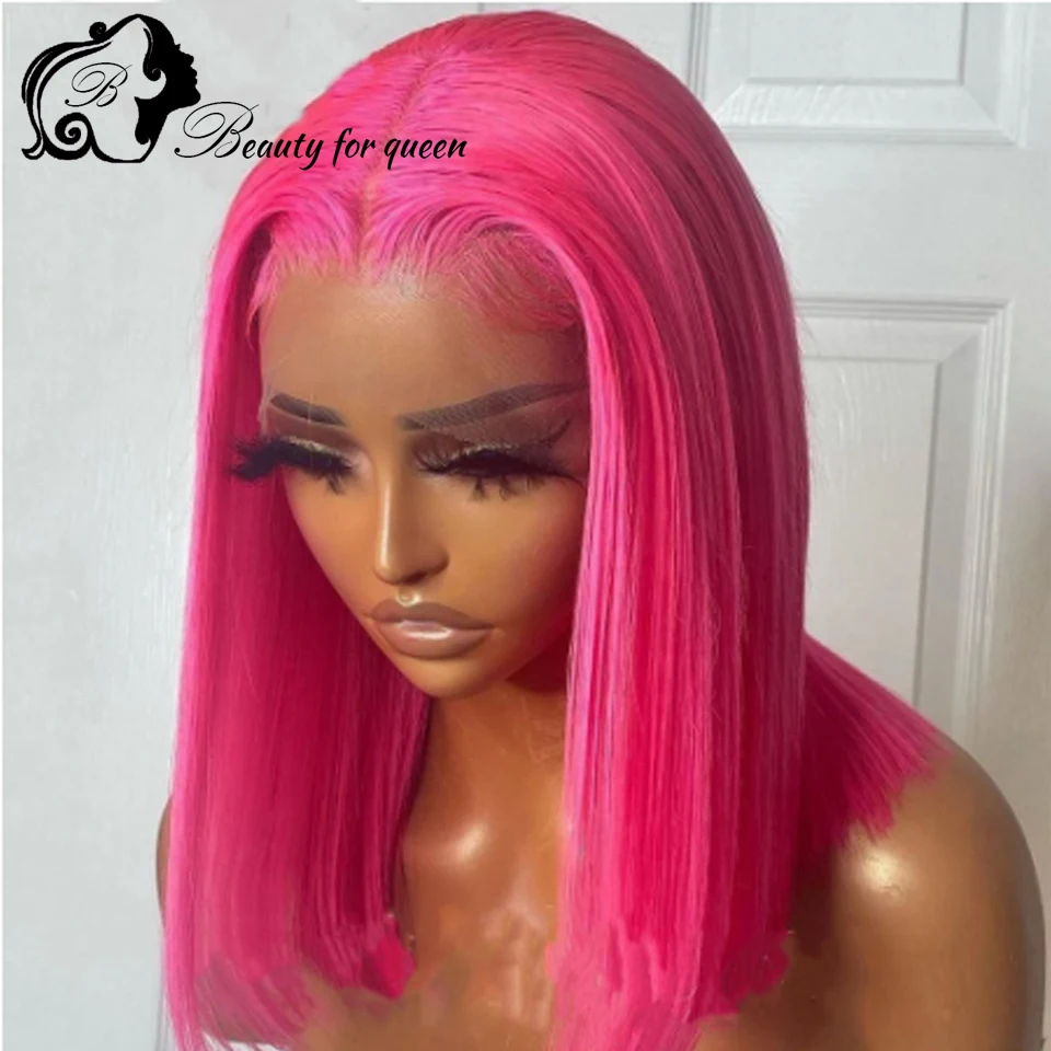 

200 Density Transparent 13x4 HD Lace Frontal Wigs Brazilian Colored Human Hair Wig Bright Pink Straight Short Bob For Women