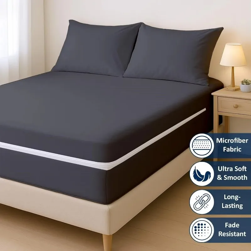 Full Encasement Waterproof Mattress Protector with Zippered Brushed Microfiber Cover 6 Sided Anti-Slip Bedding Protection Sheets