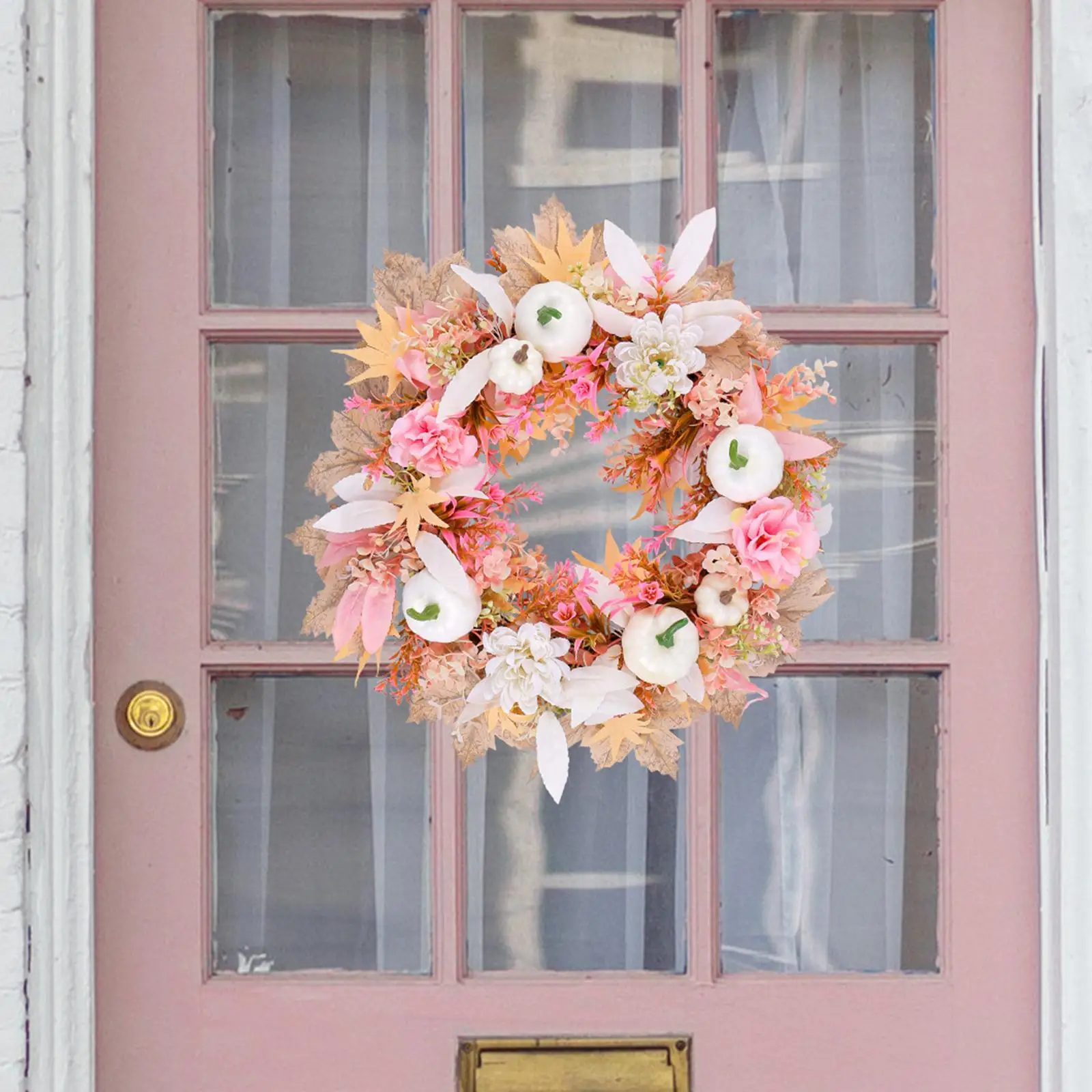 

Осенний венок, венок для входной двери, Круглый венок с кленовыми листьями и цветами, венок для окон, праздника, Дня благодарения, стена для дома и улицы