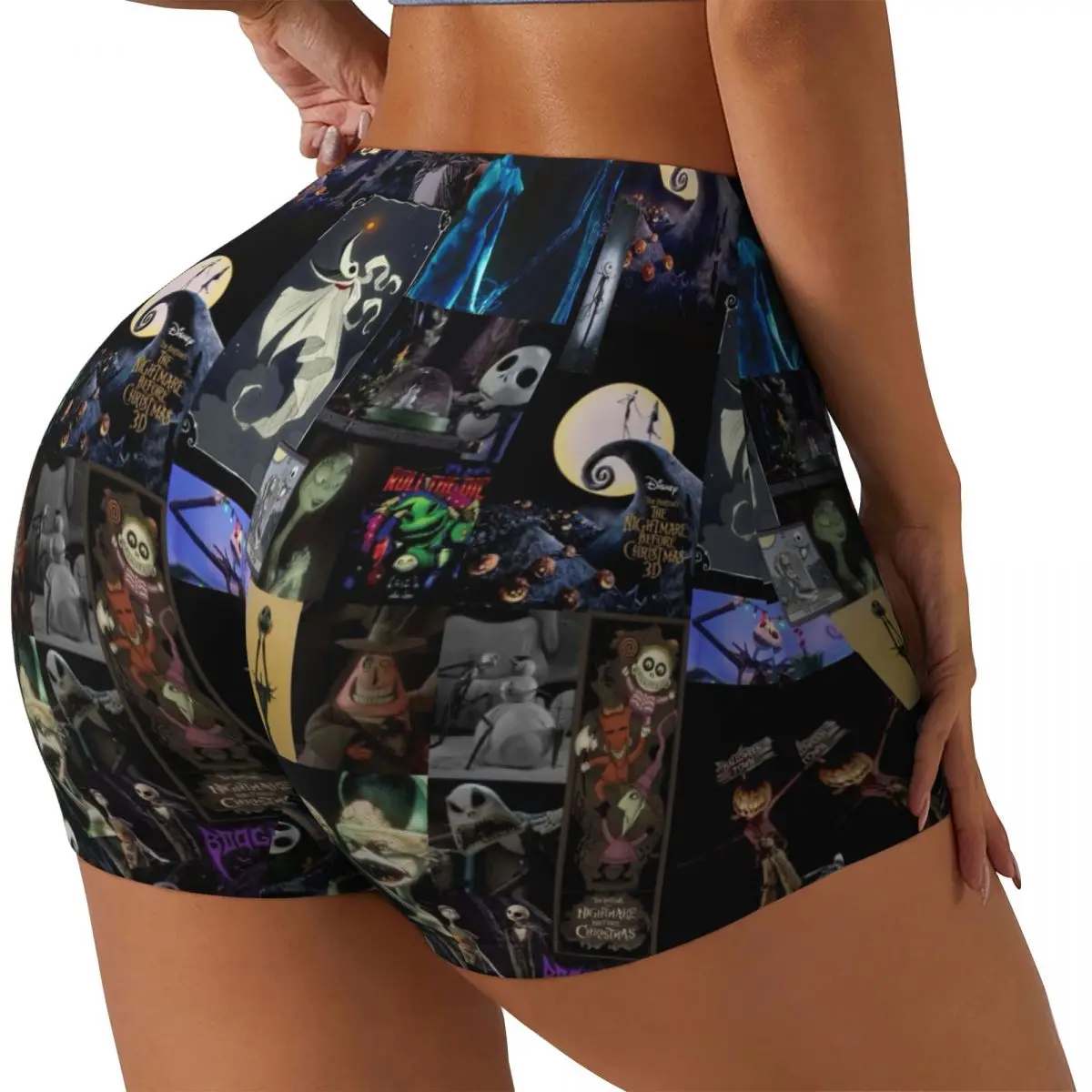 Custom The Nightmare Before Christmas Halloween Jack Skeleton Biker Running Gym Shorts Women Athletic Workout Yoga Shorts