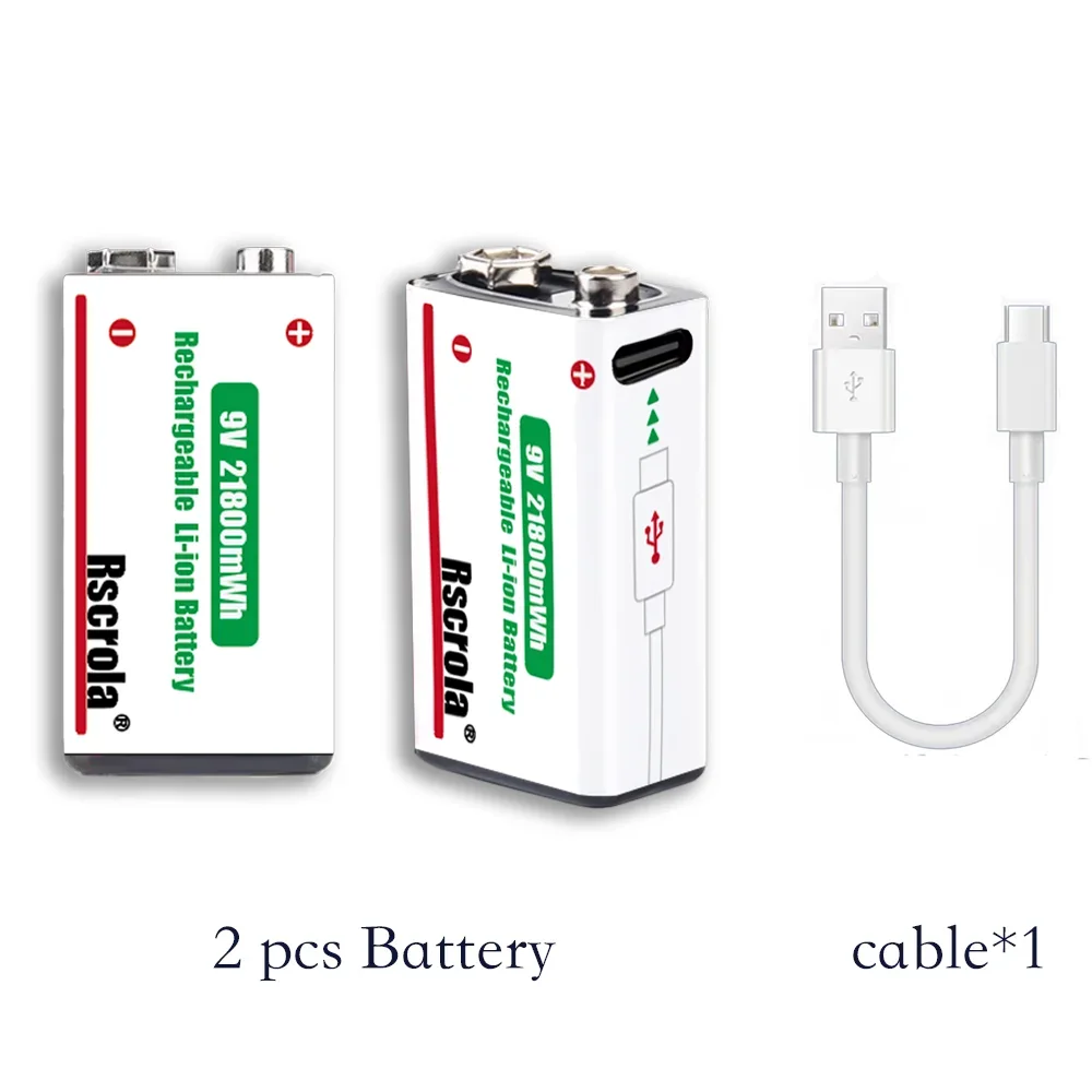 Langdurige 9V Lithium-ion Oplaadbare Batterij 21800mWh Hoge Capaciteit voor Gitaar Microfoon Rookmelder Pedaal met Kabel