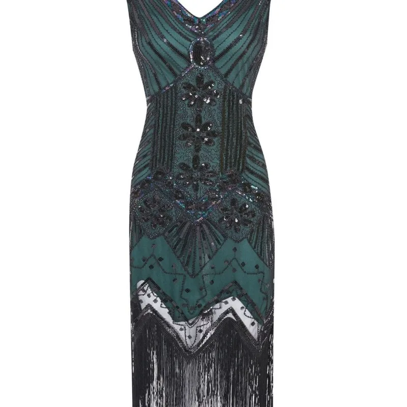 French Style Retro Sequined Beaded Fringed Party Vintage Banquet Party Temperament Slim Fit V-neck Sleeveless Long Dress