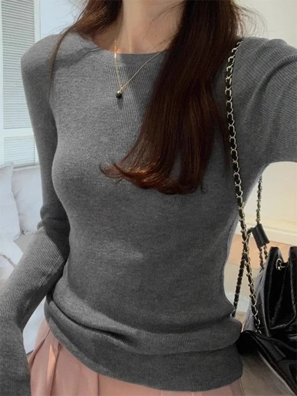 Gray Knitted Basic Slim Sweater Woman Autumn Round Neck Long Sleeve Pullover Top For Women's Clothes Casual Simple Cotton Jumper
