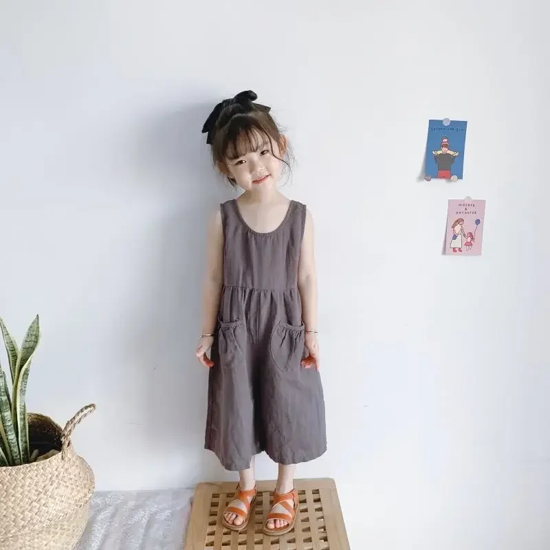 Summer Korean Boys and Girls\' Baby Style Breathable Cotton Hemp Comfortable Sleeveless One Piece Wide Leg Pants