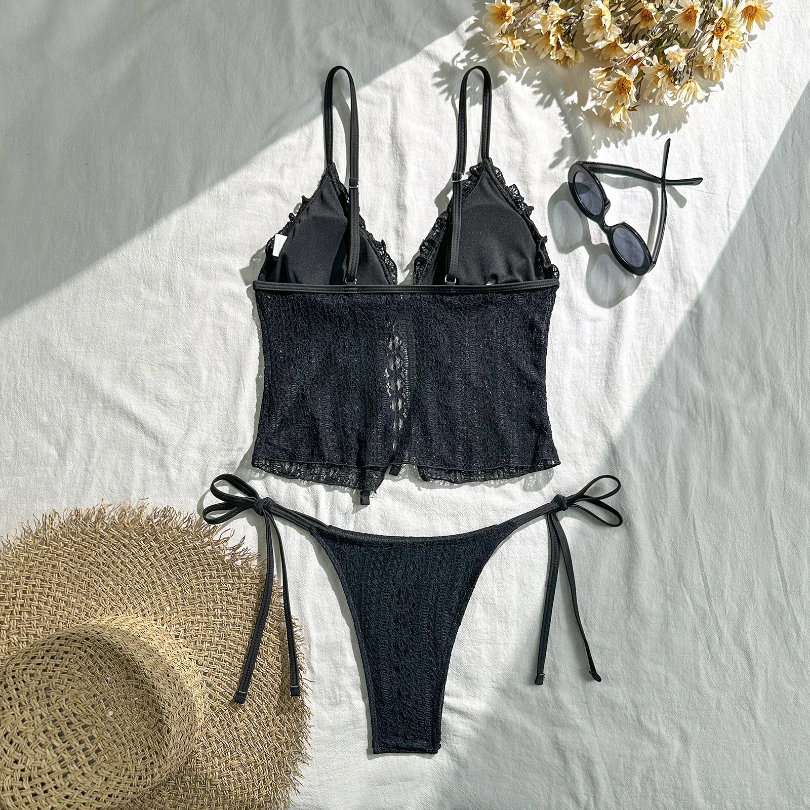 sexy plain lace bikinis sets two pieces tie bow vest swimsuits beachwear bathing suit swimwear biquini tankini