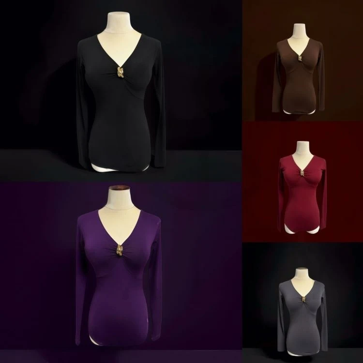 

Soft Comfort Latin Dance TopsWomen Long Sleeves V Neck Bodysuit Adult Practice Clothing Rumba Samba Dance Training Wear DNV25734