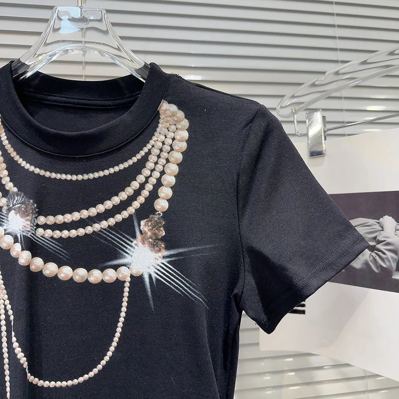 2025 Summer new personalized sparkling pearl pendant print with exposed navel casual  short sleeved T-shirt for women