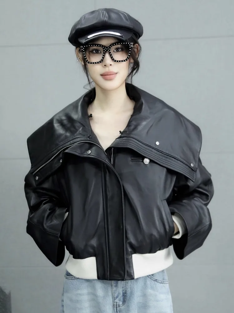 جديد مصمم المرأة التلبيب طوق فضفاضة تناسب جلد الغنم سترة جلدية حقيقية ملابس الشارع الشهير أبلى معطف تقسم Bomber جاكيتات
