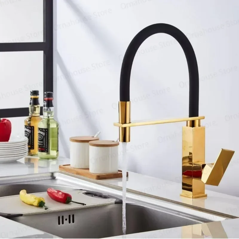 Gold Brushed Single Handle Brass Kitchen Faucet Hot Cold Water Mixer Tap Deck Mount for Household Sink