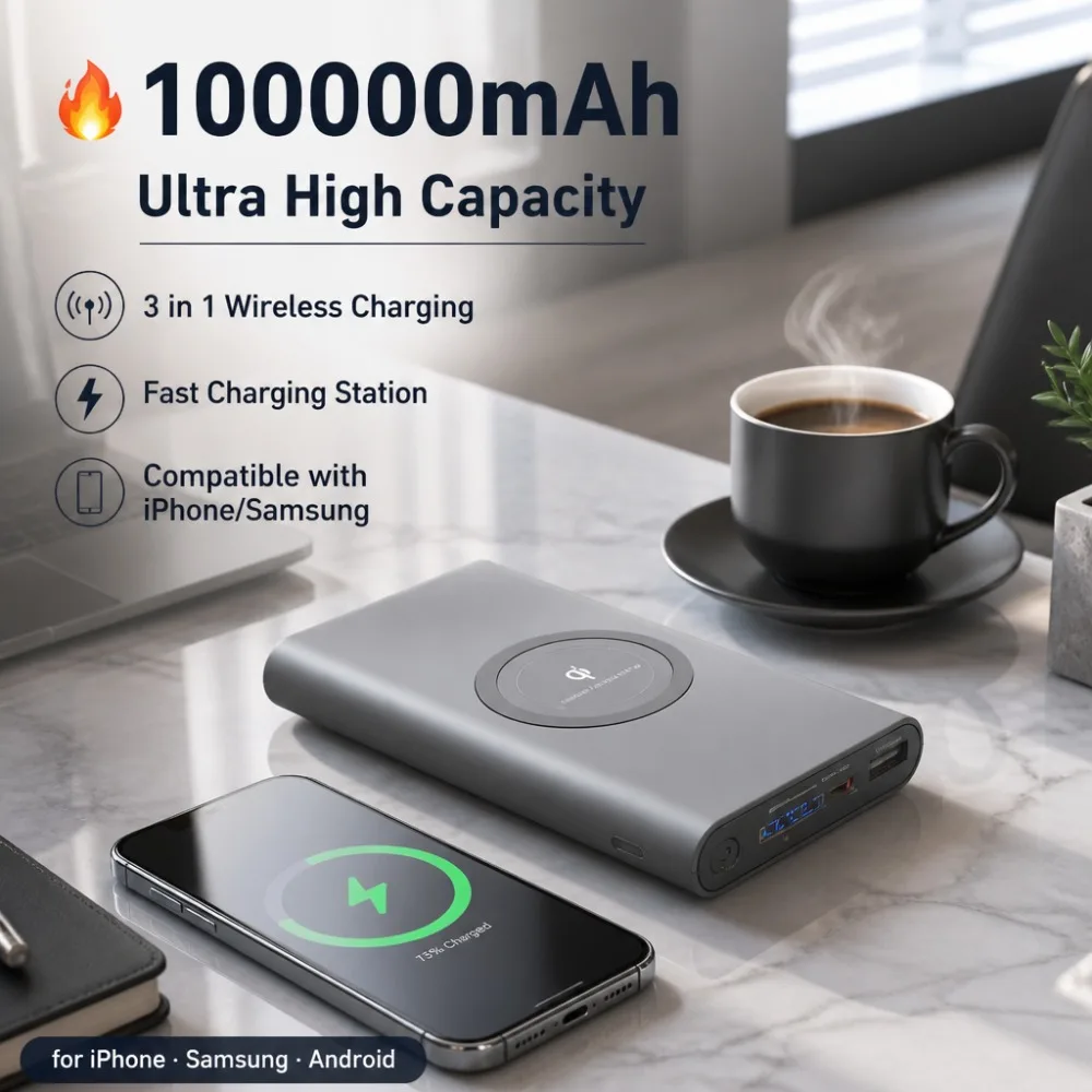 100000mAh Power Bank Wireless Charger3 in 1 Portable Charging Station Fast Charging for iPhone Samsung Android PowerBank50000mAh