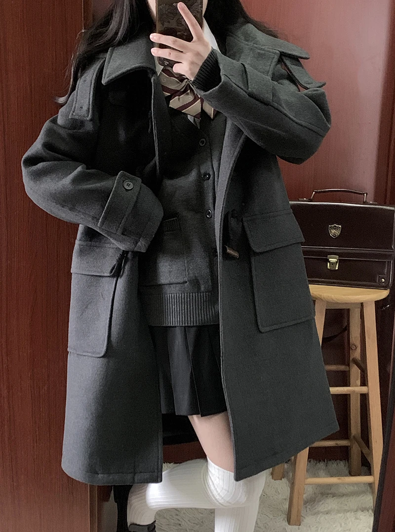 

Woolen jacket women's winter college style small medium and long coat