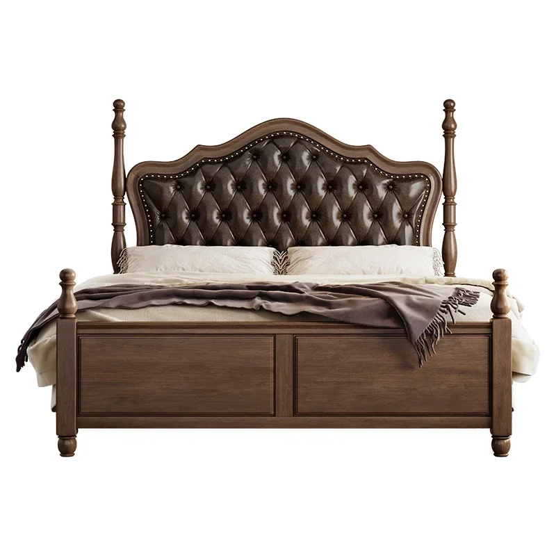 

Американская кровать из цельного дерева в стиле ретро, мягкая сумка, двуспальная кровать, современный простой французский стиль