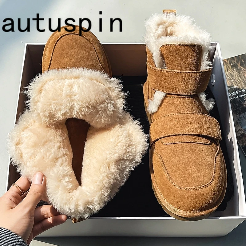 AUTUSPIN Winter Thick Plush Mens Ankle Boots New Warm Fur Women Snow Boots Outdoor Leisure Suede Leather Ladies Shoes Big Size