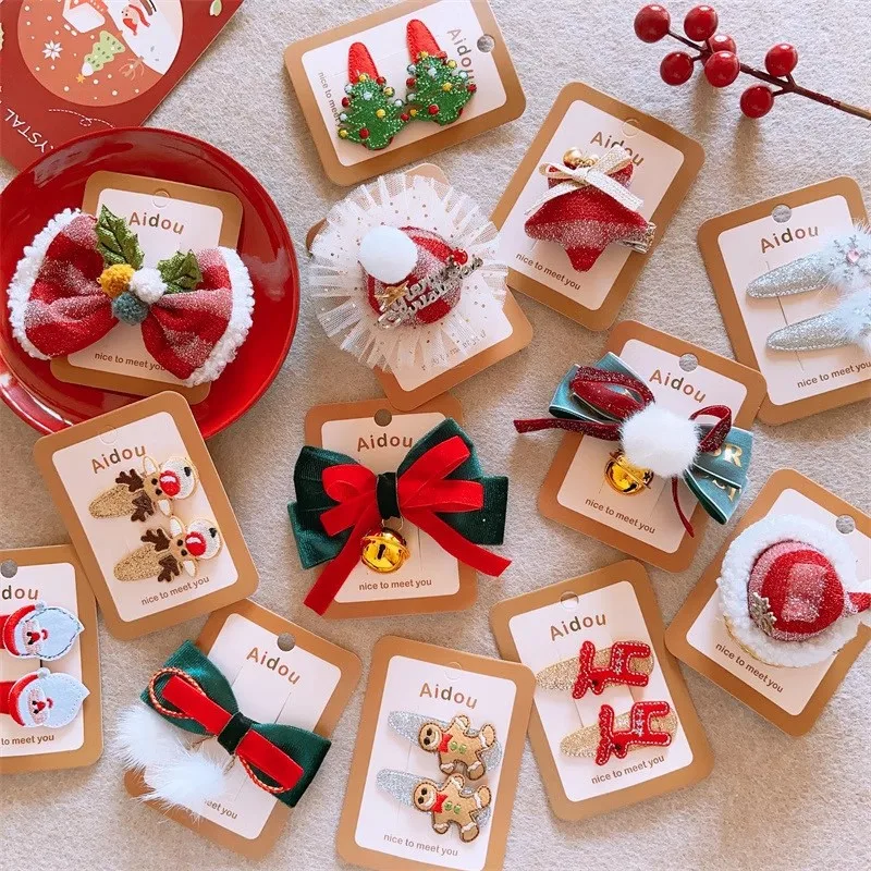 

Autumn/Winter Children's Christmas Holiday Cute Lace Hair Clips Girls' Baby Reindeer Snowman Clip Set Snowflake Duckbill Clips