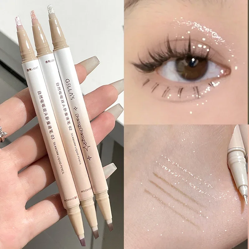 Double-head Liquid Lying Silkworm Pencil Pink Diamond Champagne Glitter Eyeliner Eyeshadow Grey Shadow Outline Eyelid 2 IN 1