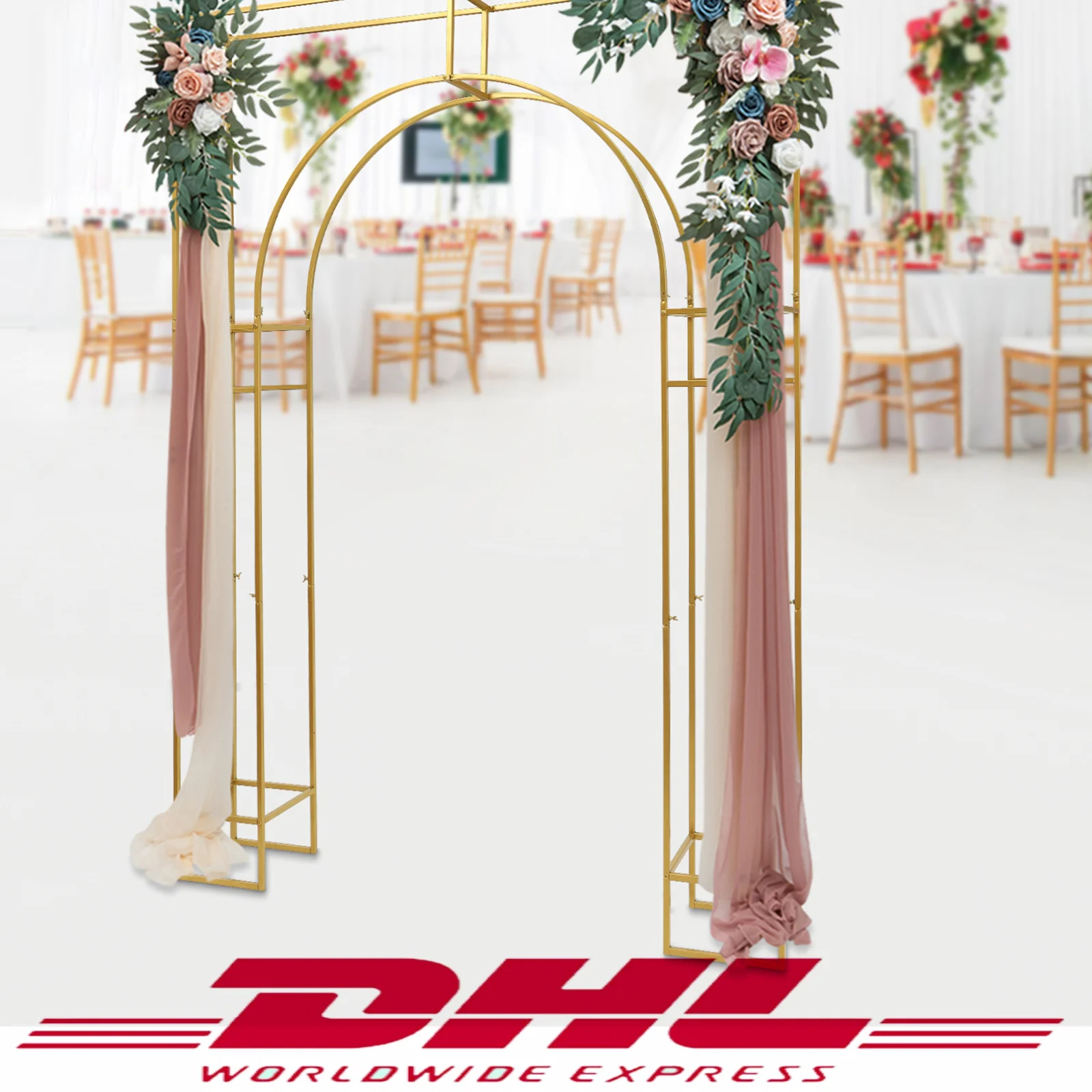 3D Floral Balloon Frame Metal Wedding Backdrop Stand Kit 7.87ft Outside Rectangular and 6.8ft Inner Arch Metal Party Frame Gold