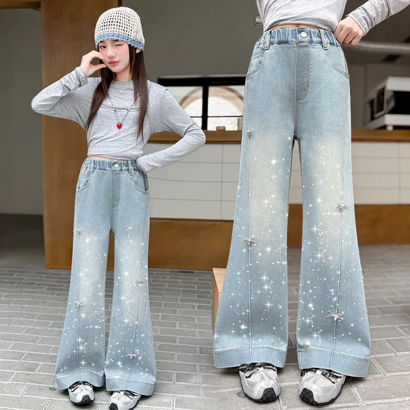 Girls Jeans Spring and Autumn New Big Girl Fashionable Slim Fit Jeans Flare Pants High Waist Children\'s Trousers