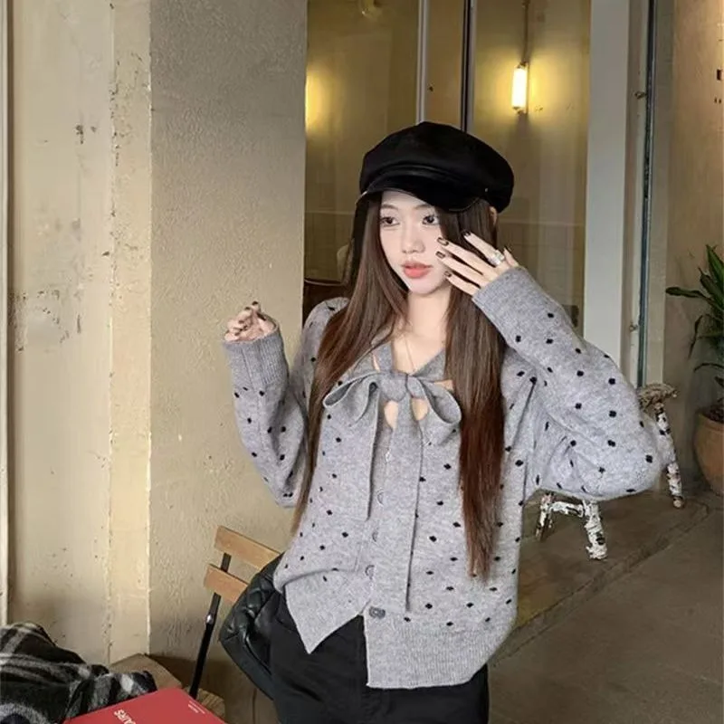 

Модный женский вязаный кардиган, свитер с галстуком-бабочкой Y2k, осенняя женская одежда, кардиган, свитер, корейский стиль для девочек, вязаные топы