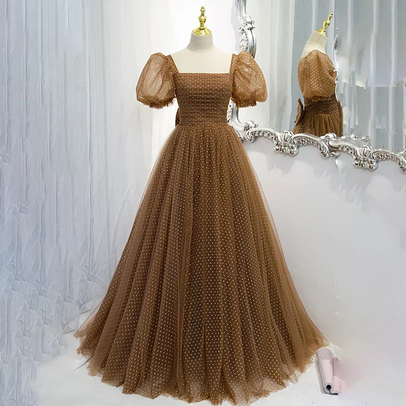 Evening Dresses Brown Tulle Dots Square Collar Short Sleeves Bow Lace Up A-Line Floor Length Plus size Party Formal Party Gown