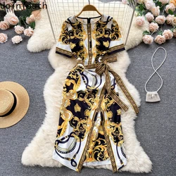 Ropa Mujer Summer Dress Women Print Vestido Round Neck Long Sleeve Lace Waist Slim Robe High-end Temperament Package Hip Dress