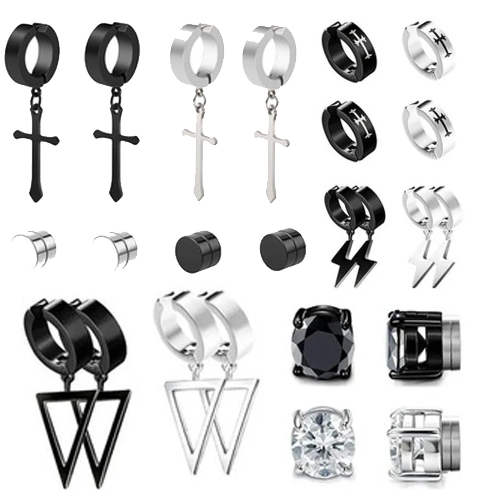 Stainless Steel Non-Piercing Magnetic Stud Earrings Unisex CZ Magnet Ear close Clip Women Men Punk Hip Hop Earring Set