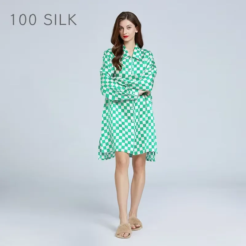 

Women Lapel 19 Momme 100% Mulberry Silk Pajamas Shirt Dress Casual Homewear Summer Plaid Nightgown Long Sleeve Loose Sleep Dress