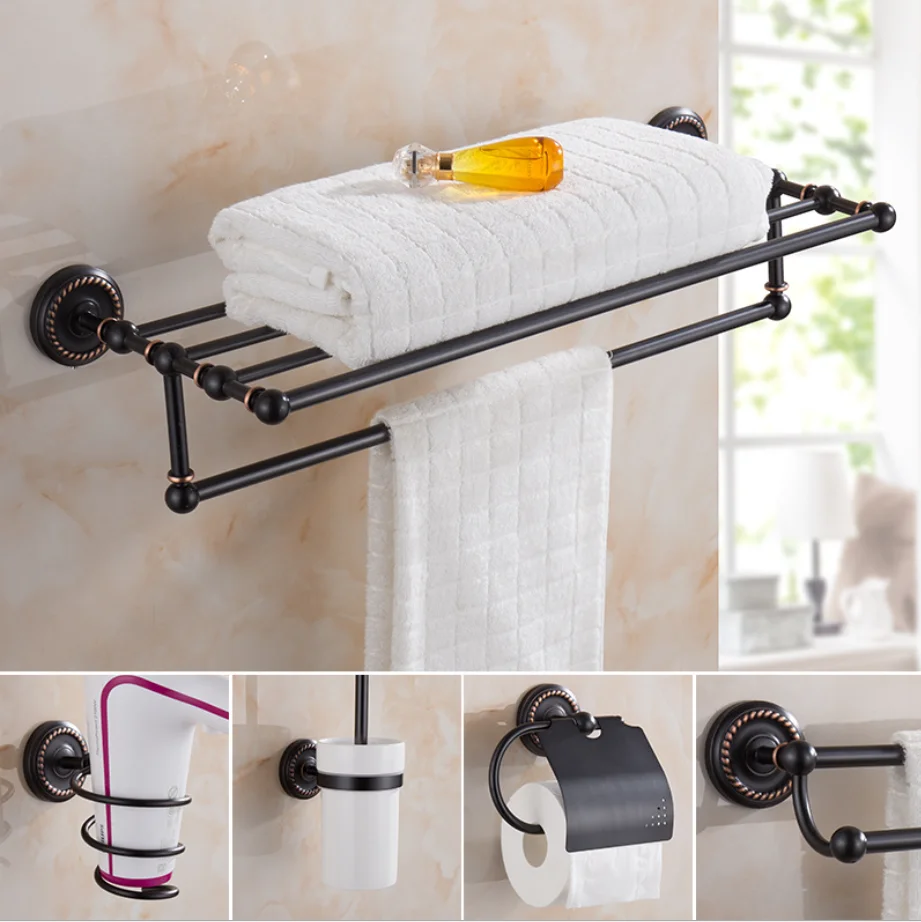 Bathroom Series Oil Black Bronze Copper Bathroom Accessories Towel Shelf Towel Bar Tempered shelves Hotel Hardware Pendant