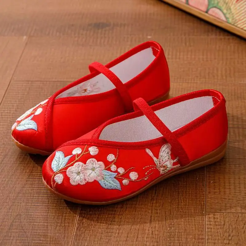 Girl's New Flat Sole Embroidered Canvas Shoes Ethnic Style Soft Sole Non Slip Shallow Slip On Round Toe Hanfu Shoe Princess Shoe