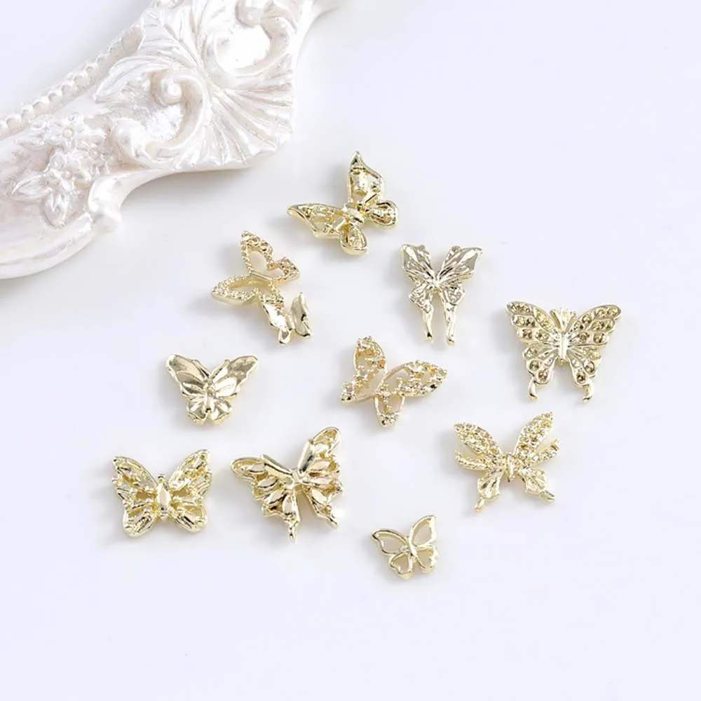 10Pcs/lot 3D Butterfly Alloy Nail Charms Bow-knot Design Jewelry Luxury Gold Silver Hollow Nail Art Decoration Accessories Bulk